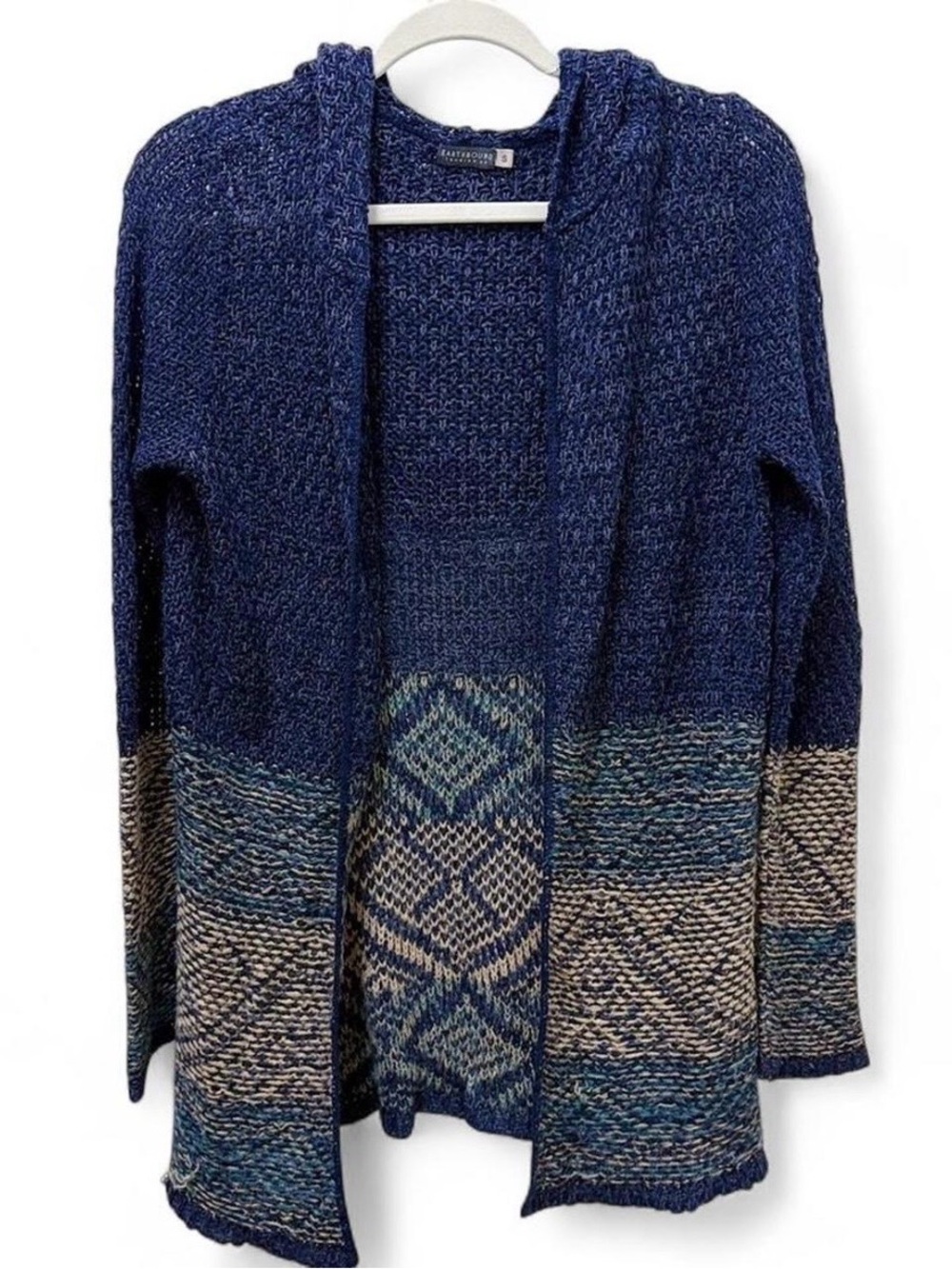Earthbound Trading Co Boho Blue Geometric Aztec Open Knit Hooded Cardigan S